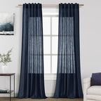 Navy Blue Linen Blend Drapes 84 Inch Length 2 Panels Set Back Tab Rod Pocket by Nanspring
