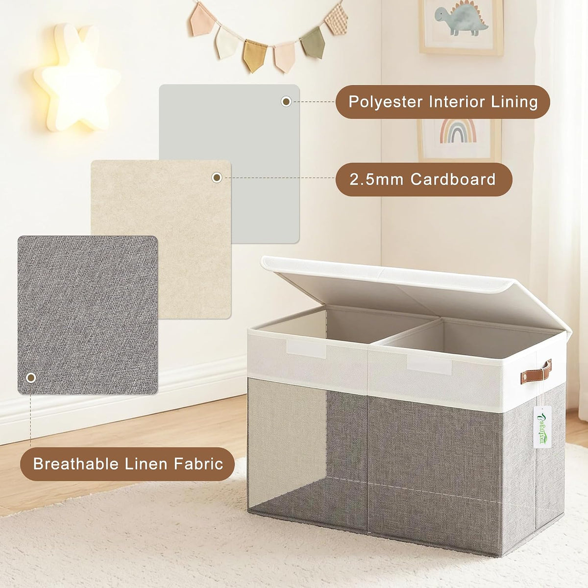 Large Toy Storage Box with Lids, Collapsible Sturdy Baby Storage Organizer Chest Bin Basket for Kids, Boys, Girls, Playroom, Nursery, Bedroom, Closet 25"x13"x16" (Gray and White)