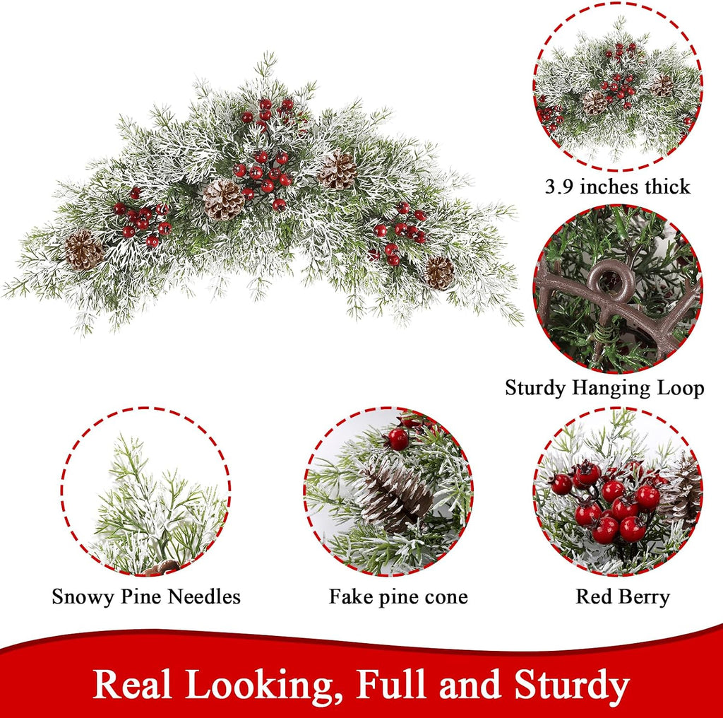 26 inch Christmas Decorative Swag Artificial Christmas Mailbox Swag Pine Branch Red Berry Front Door Winter Decor for Xmas Holiday Outdoor Porch Door Patio Decor