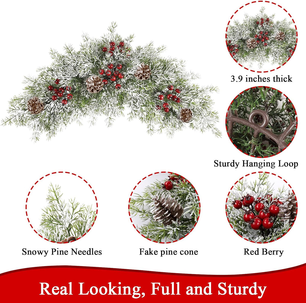 26 inch Christmas Decorative Swag Artificial Christmas Mailbox Swag Pine Branch Red Berry Front Door Winter Decor for Xmas Holiday Outdoor Porch Door Patio Decor