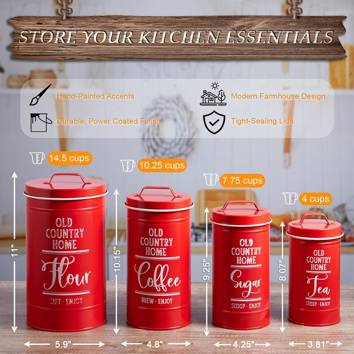 DAYYET Red Canisters for Kitchen Counter, Airtight Kitchen Canisters for Countertop, Flour and Sugar Containers, Tea Coffee Sugar Canister Set, Red Kitchen Decor and Accessories, Set of 4