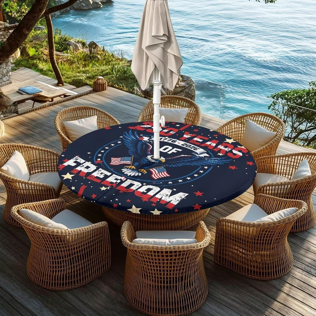 American Eagle Outdoor Round Tablecloth Waterproof Fitted Patio Table Cover with Zipper and Umbrella Hole Elastic Edge Wipeable Table Cloth for Garden Deck Fits 45-56 Inch Tables
