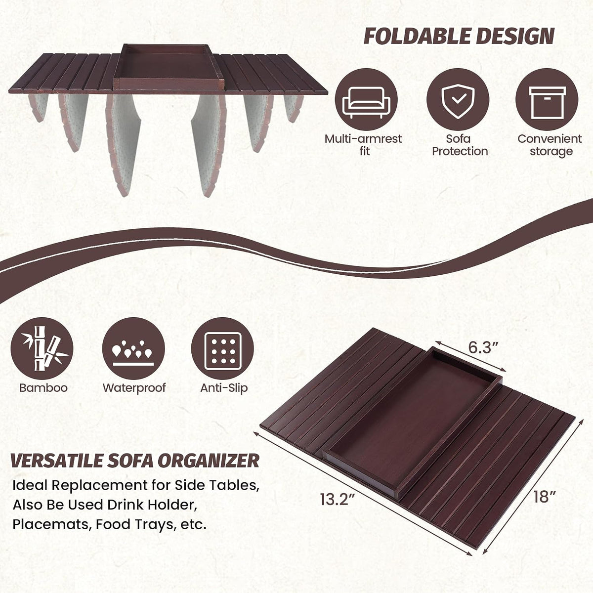GEHE Bamboo Sofa Arm Tray, Foldable Couch Arm Tray Side Table, Anti-Falling Armrest Tables Cup Holder for Snacks, Drinks, Beers, Phone, Control, Flexible and Portable, Anti-Slip