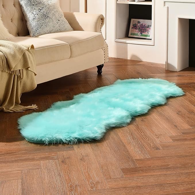 duduta Turquoise Blue Faux Sheepskin Runner Rugs 2x6 ft, Fluffy Shag Bedroom by duduta