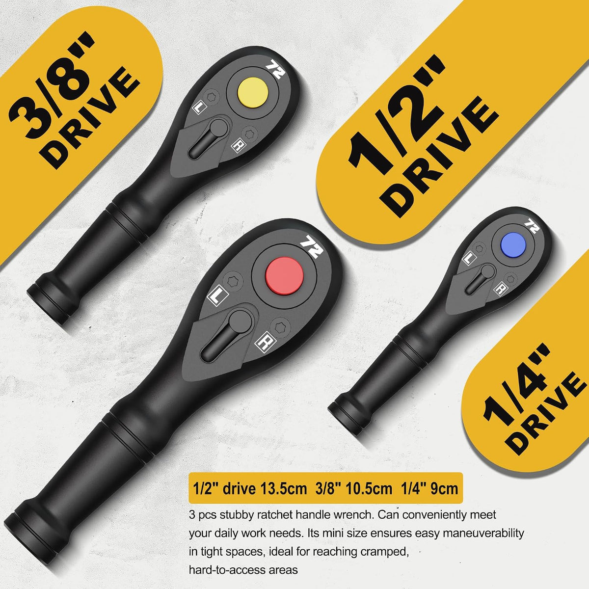 3PCS Stubby Ratchet Set, 1/4'', 3/8'', 1/2'' Drive Mini Ratchet Handle, 72-Tooth Quick Release Reversible Socket Wrench, CR-V Steel, Mechanical Maintenance, Bicycle Repair, DIYer