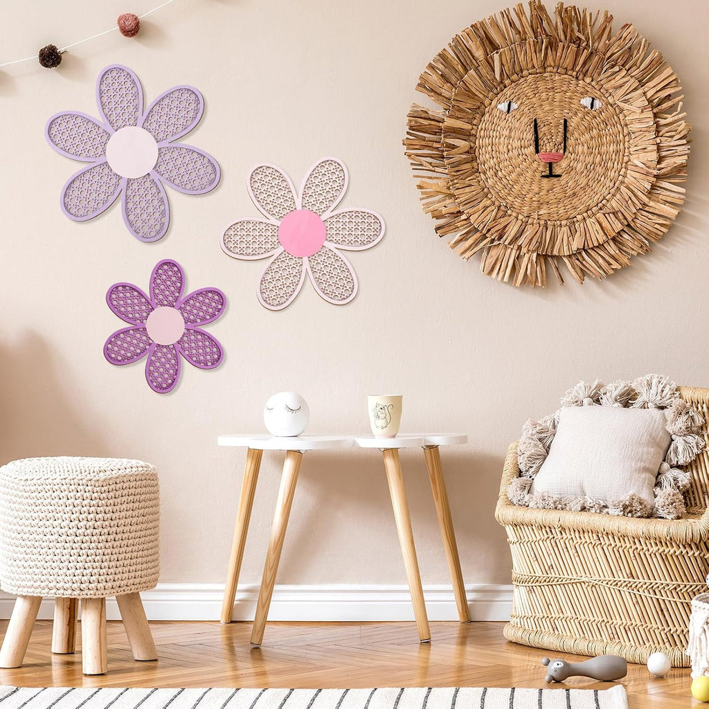 Maitys 3 Pcs Boho Daisy Flower Wall Decor Nursery Art, Pink, Purple