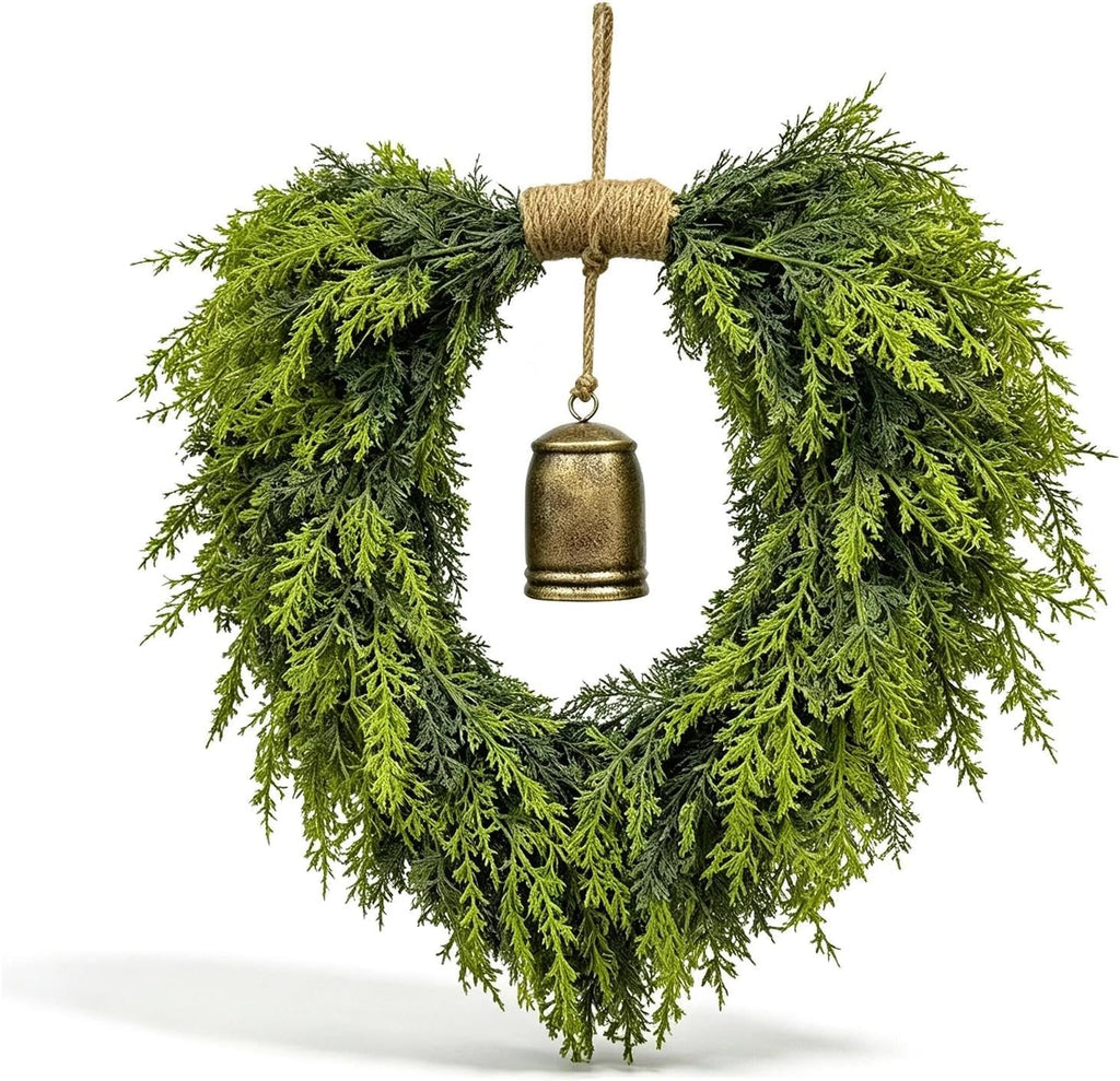 Heart Shaped Christmas Wreath for Front Door, Artificial Norfolk Pine and Cedar Greenery with Rustic Jute Rope and Vintage-Style Bell, Indoor and Outdoor Holiday Decor