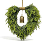 Heart Shaped Christmas Wreath for Front Door, Artificial Norfolk Pine and Cedar Greenery with Rustic Jute Rope and Vintage-Style Bell, Indoor and Outdoor Holiday Decor