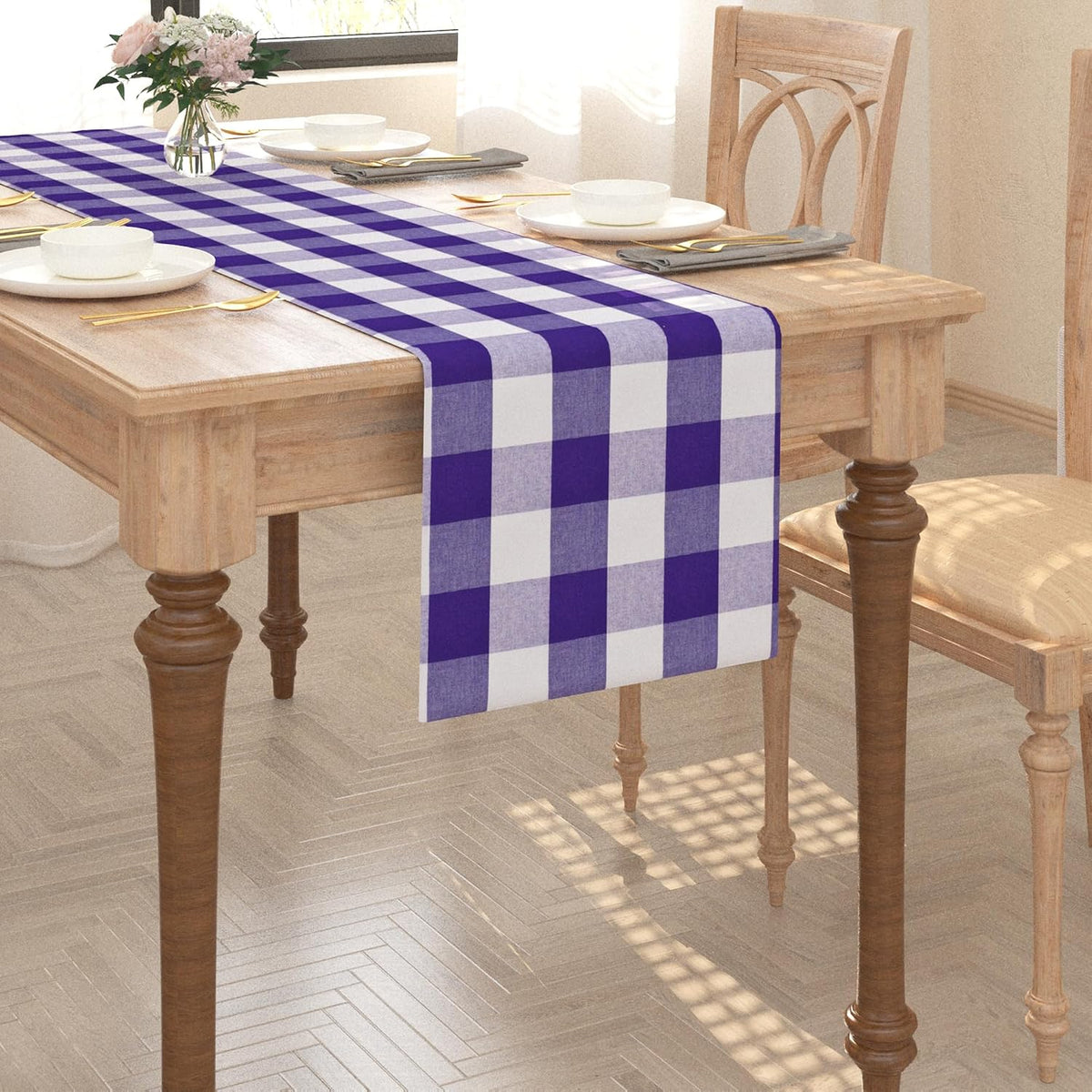 Purple & White 2 Side Buffalo Check Farmhouse Table Runner for Family Dinners or Gatherings Indoor or Outdoor Parties Everyday Use 12" x 72"