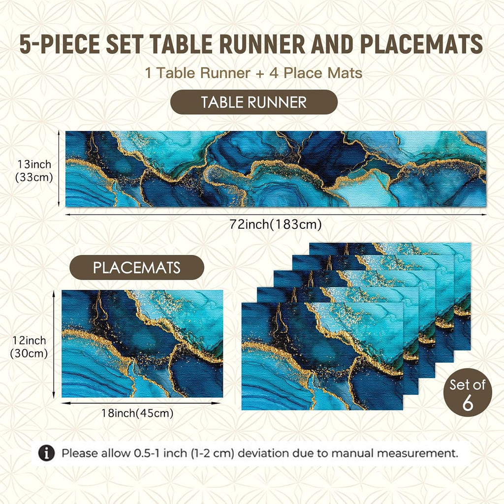 Nuxovilar Blue Gold Ink Table Runner Placemats Linen Set