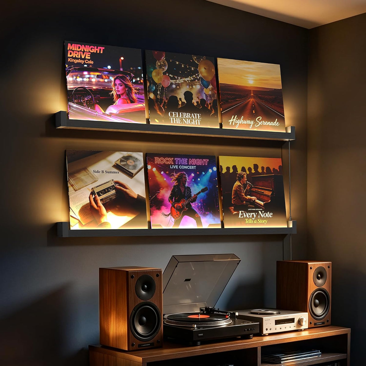 Vinyl Record Shelf Wall Mount with LED Lights