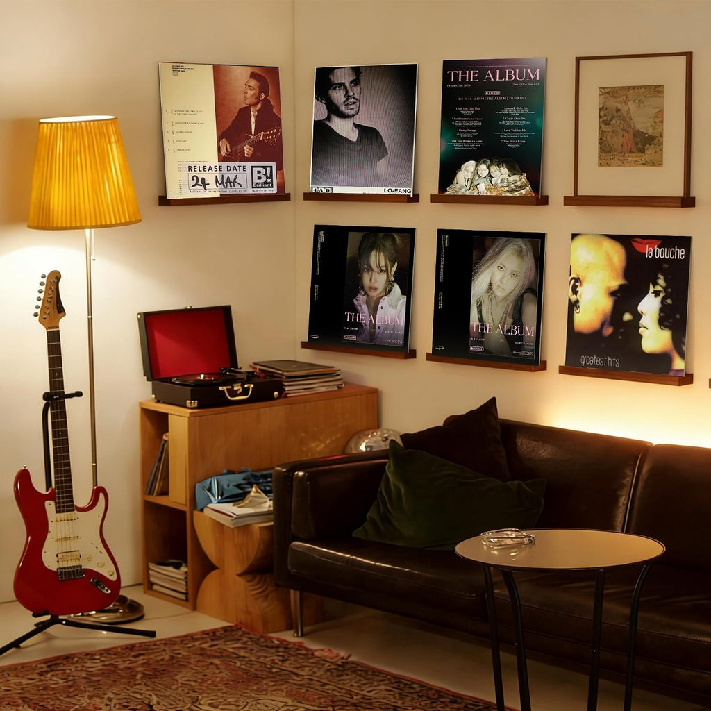 Vinyl Wall Mount No Drill with 2 Mount Options(Adhesive & Screws), 6 Pack Solid Walnut Wood Record Display No Screws, Record Shelves for Wall, Album Magazine, Record Shelf, Vinyl Holder Wall