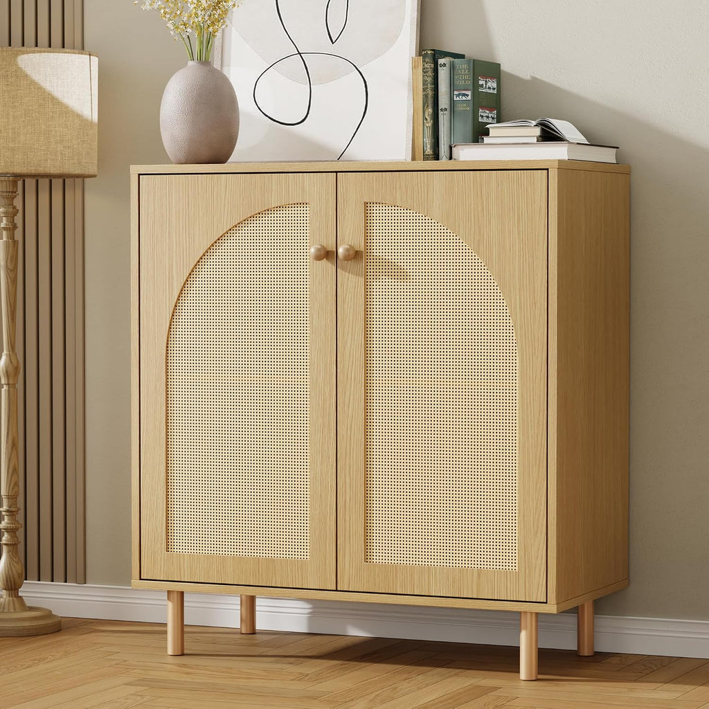 Mericonia 30 Inch Buffet Cabinet with Storage, Boho Sideboard with Rattan Decorated Doors & Adjustable Shelf, Accent Credenza Coffee Bar for Kitchen, Dining Room, Living Room, Entryway