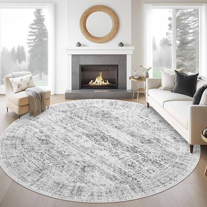 6x6 Grey Round Rug 6ft Living Room Circle Rug Gray Vintage Round Area Rug Non by Soalmost