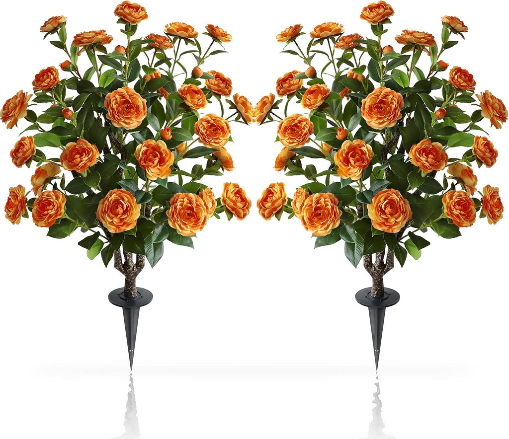 Artificial Camellia Tree, 2 Pack Soil Insertion w/Spike,Flower Plants, Faux Floral Plant Blooming Tree in Cement Pot, Greenery Potted Plant for Indoor Outdoor Office Home Porch Decor (Red)