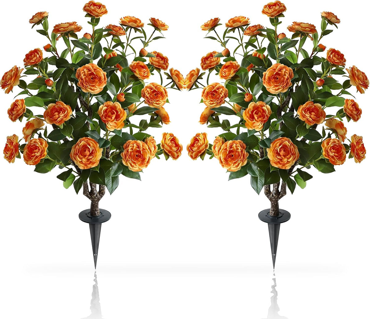 Artificial Camellia Tree, 2 Pack Soil Insertion w/Spike,Flower Plants, Faux Floral Plant Blooming Tree in Cement Pot, Greenery Potted Plant for Indoor Outdoor Office Home Porch Decor (Red)