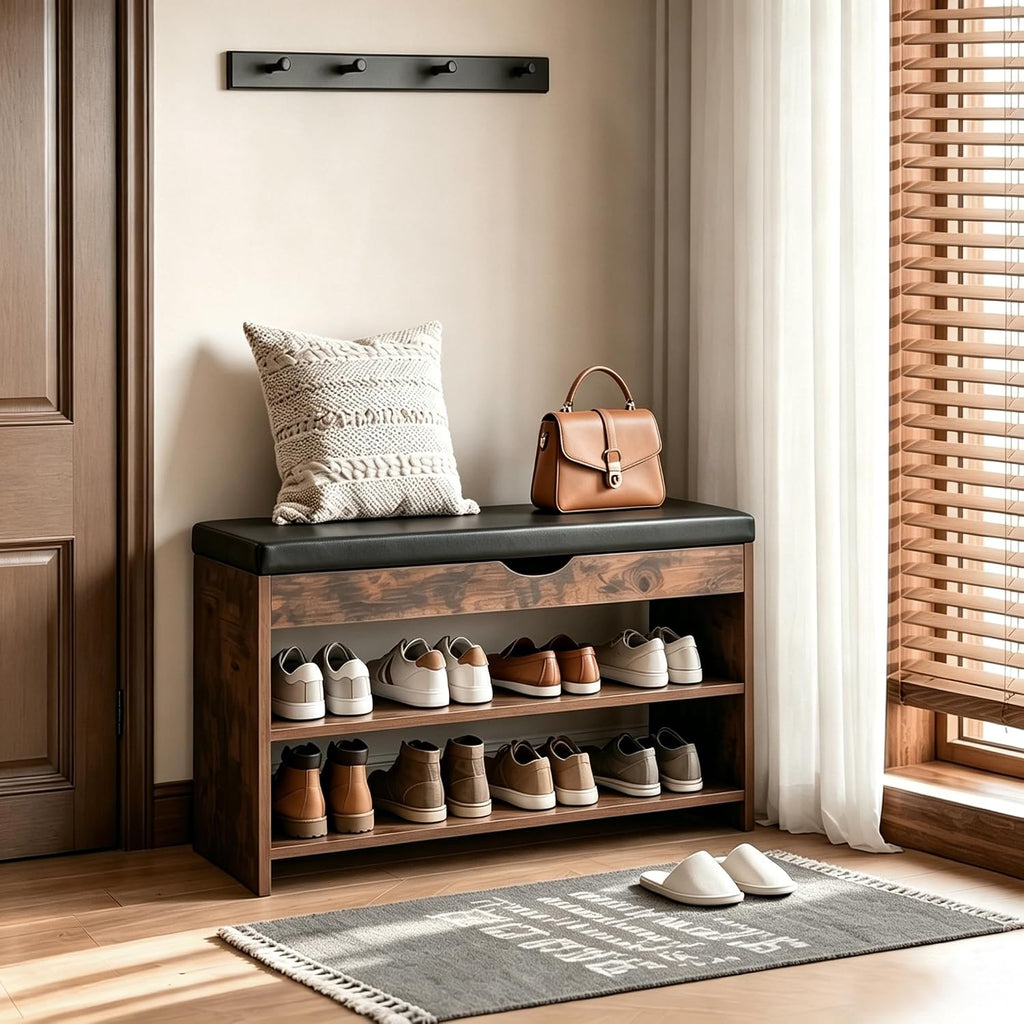 HOMEMORE Shoe Rack for Entryway Shoe Bench with Cushion Solid Wood Shoe Benches with 2 Shelves Shoe Organizer for Hallway Bedroom Living Room Vintage Brown