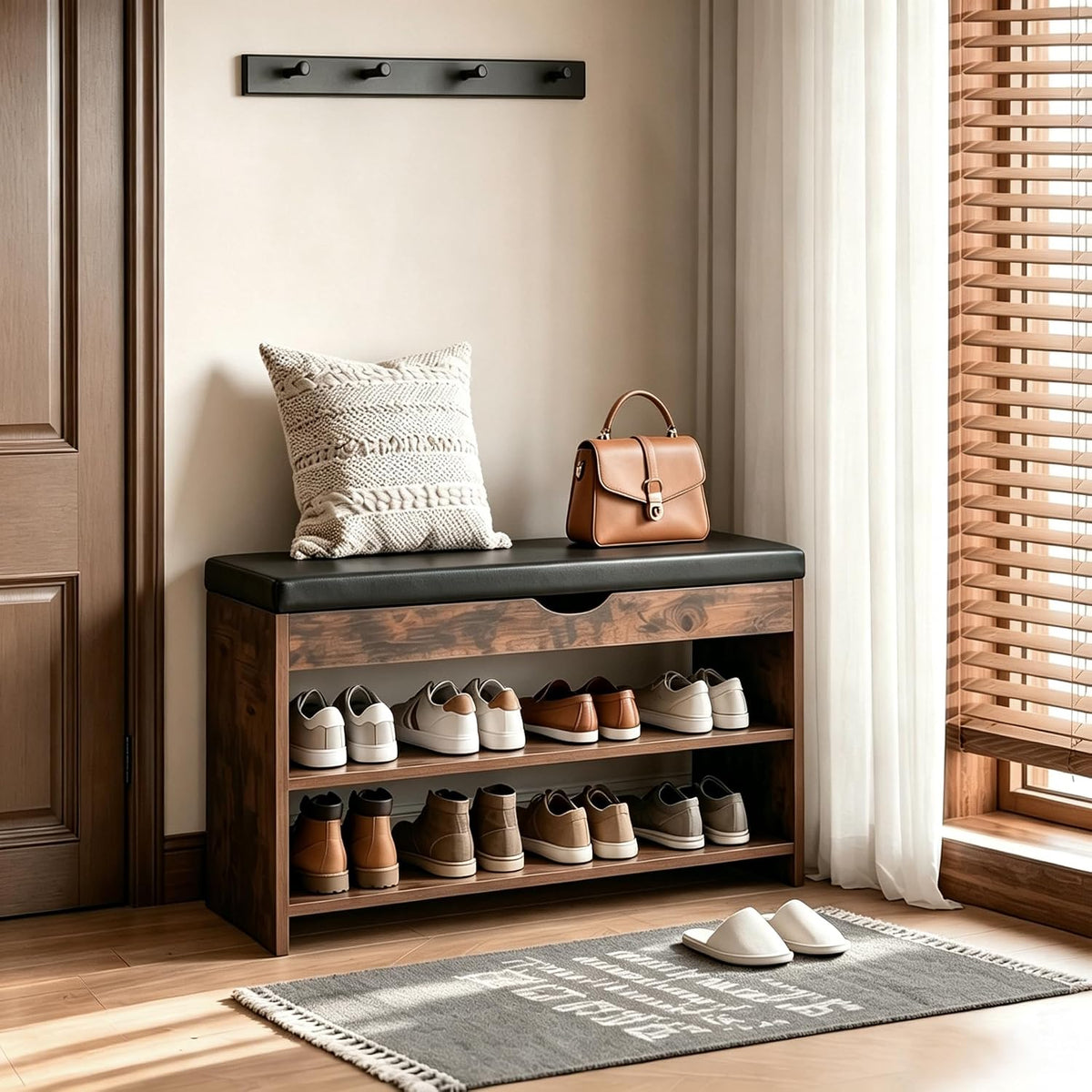 HOMEMORE Shoe Rack for Entryway Shoe Bench with Cushion Solid Wood Shoe Benches with 2 Shelves Shoe Organizer for Hallway Bedroom Living Room Vintage Brown