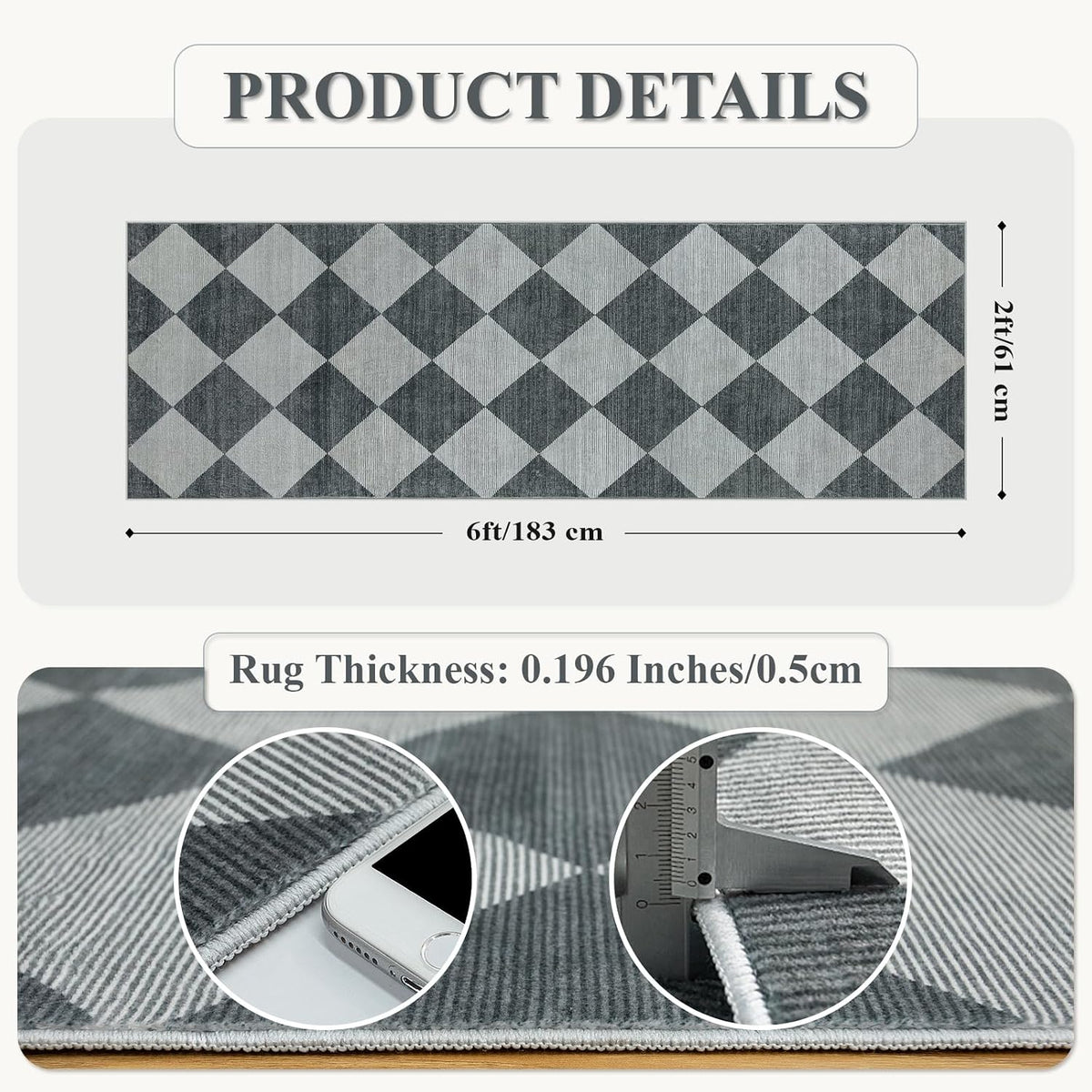 Beeiva Checkered Print Hallway Rug 2x6, Ultra Thin Kitchen Rug Runner Non Slip Washable Carpet Runners for Hallway 6ft, Modern Diamond Stain Resistant Floor Carpet for Bathroom Bedroom Entryway