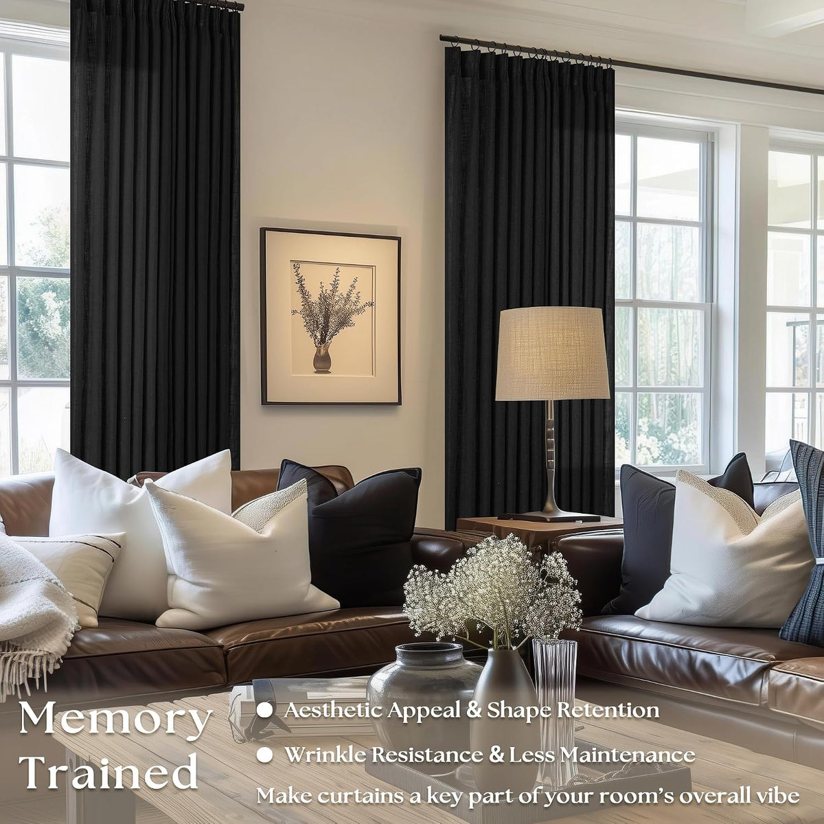 TWODRAPES Black Pinch Pleated Linen Semi Sheer 84 Inch Curtains 2 Panels