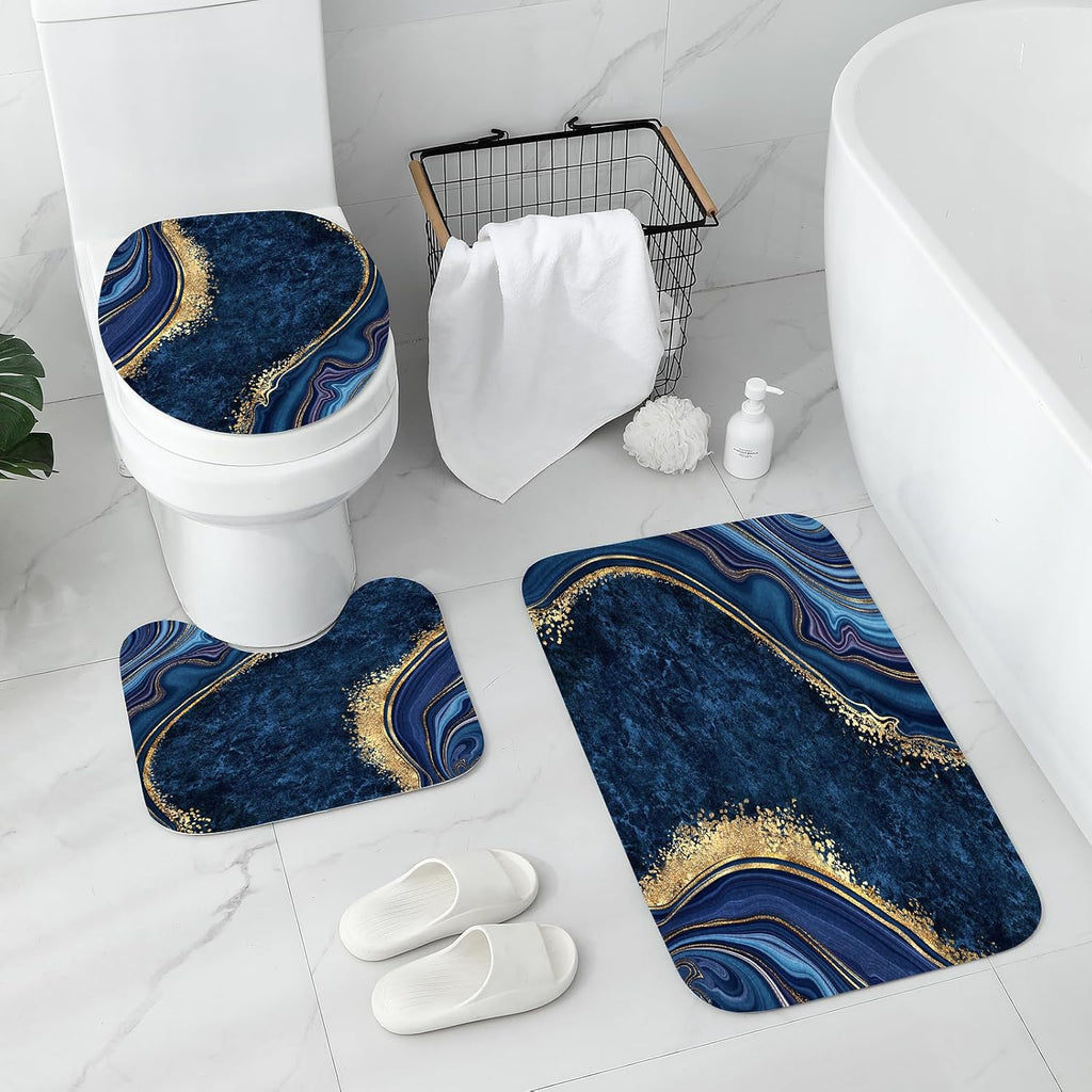 4 Pcs Luxury Marble Shower Curtain Set with Non-Slip Rugs, Toilet Lid Cover and Bath Mat, Gold Foil Navy Blue Bathroom Decor Set with Shower Curtain and Rugs and Accessories