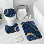 4 Pcs Luxury Marble Shower Curtain Set with Non-Slip Rugs, Toilet Lid Cover and Bath Mat, Gold Foil Navy Blue Bathroom Decor Set with Shower Curtain and Rugs and Accessories