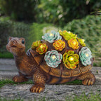 FORUP Turtle Garden Statue, Resin Turtle Figurine Garden Lawn Ornaments with Solar LED Lights for Outdoor Yard Garden Decorations, Grey
