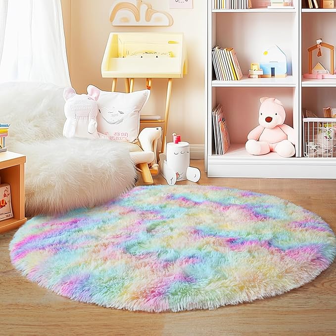 3'x3' Rainbow Round Rugs for Girls Bedroom, Ultra Soft Fluffy Circle Rug for - Image 8