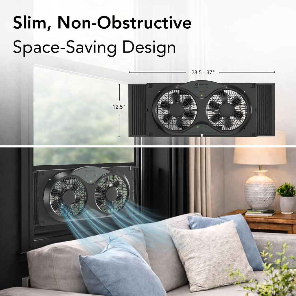 COMFORT ZONE Reversible Twin Window Fan with 3-Speeds & Expandable Width