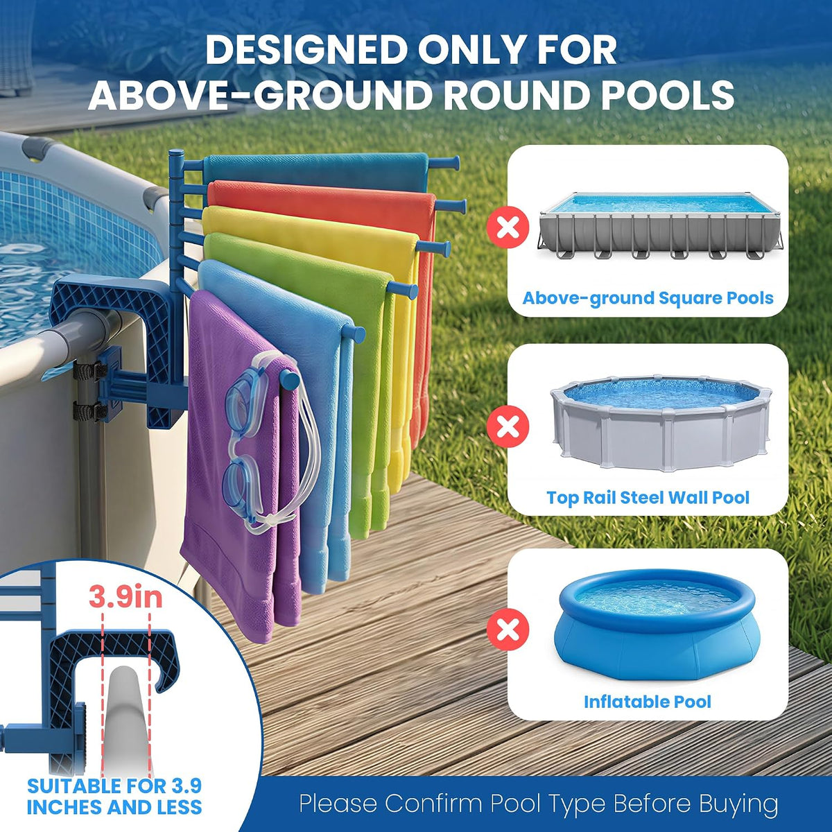 Aquajoyer Poolside Pool Towel Rack Outdoor for Above Ground Round Pools, Stainless Steel Swivel Pool Towel Holder 6 Bars Towel Dying Rack Towel Stand for Above Ground Pool Accessories [Patent Pending]