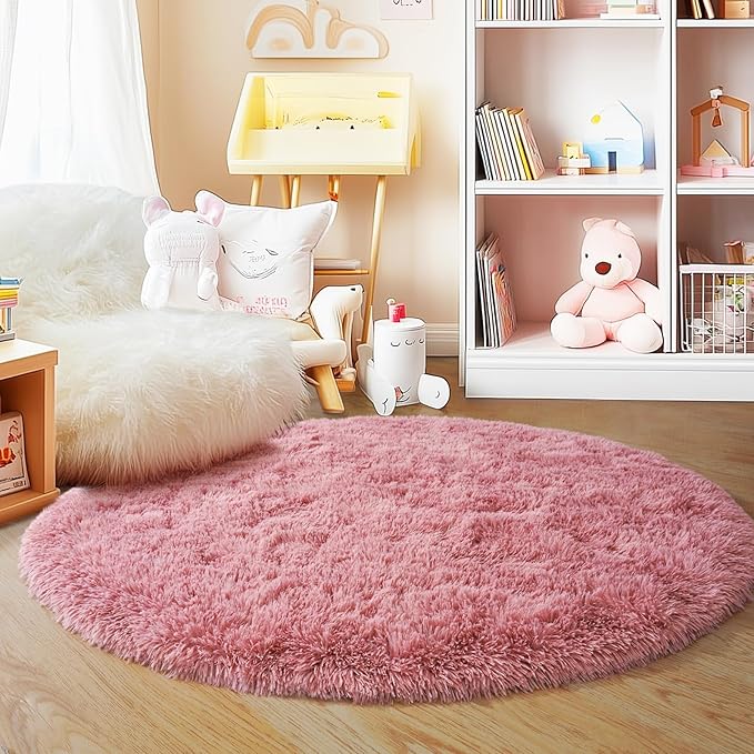 3'x3' Blush Round Rugs for Girls Bedroom, Ultra Soft Fluffy Circle Rug for Kids - Image 3