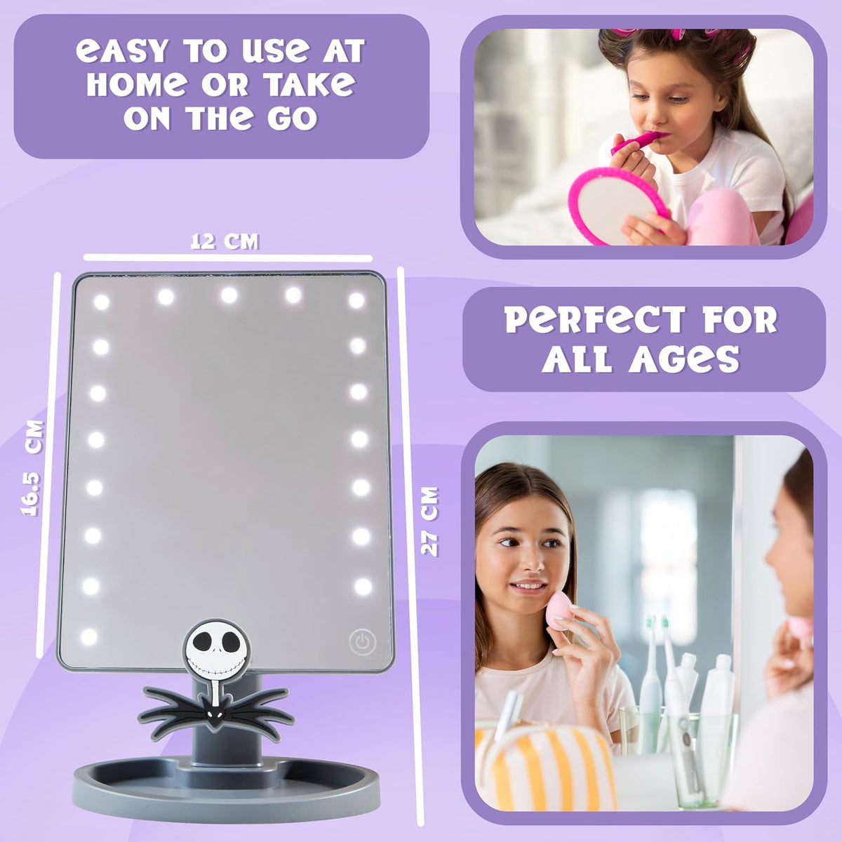 Disney The Nightmare Before Christmas LED Table Mirror for Girls, Teens, Women with Trinket Tray, Halloween Bedroom Decor, Gifts for Women (Grey)