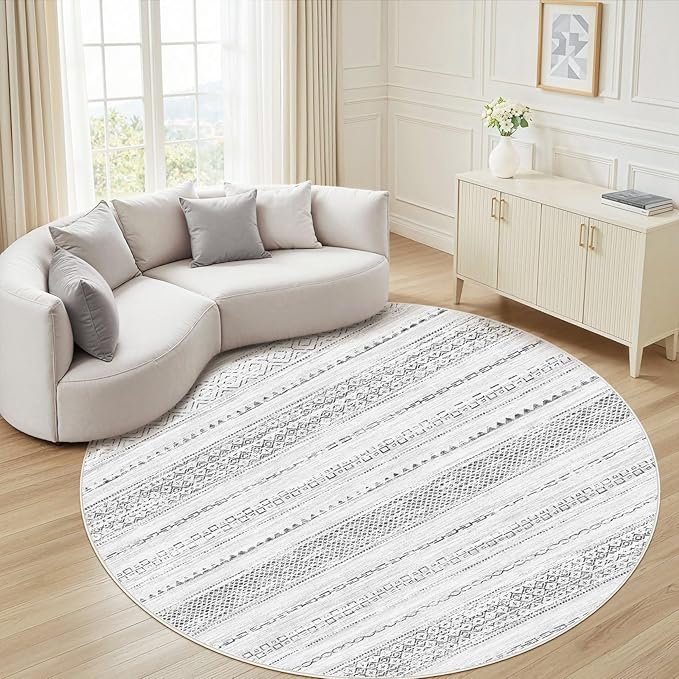 Nakagishi Round Rug Boho Area Rugs: 8x8 Washable Large Circle Neutral Soft by NakagishiAreaRug
