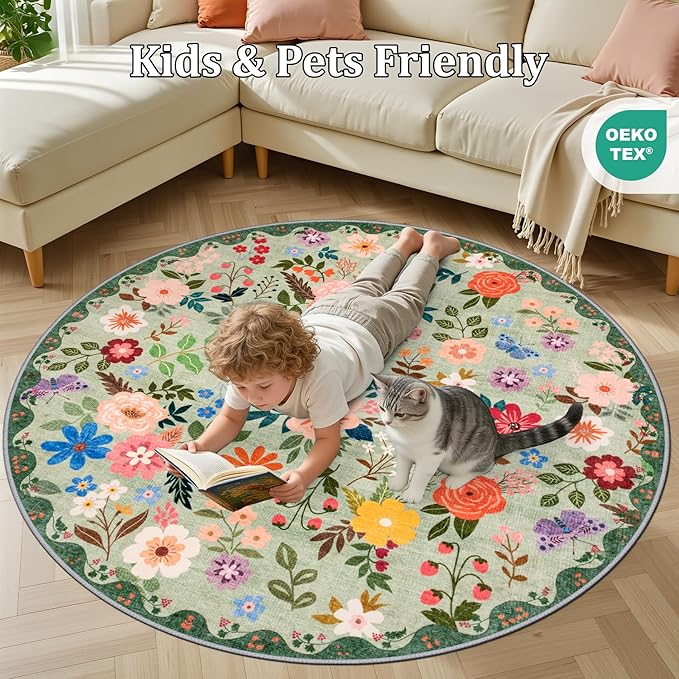 Round Area Rug for Living Room: 6 ft Floral Washable Circle Rug Soft Boho - Image 8