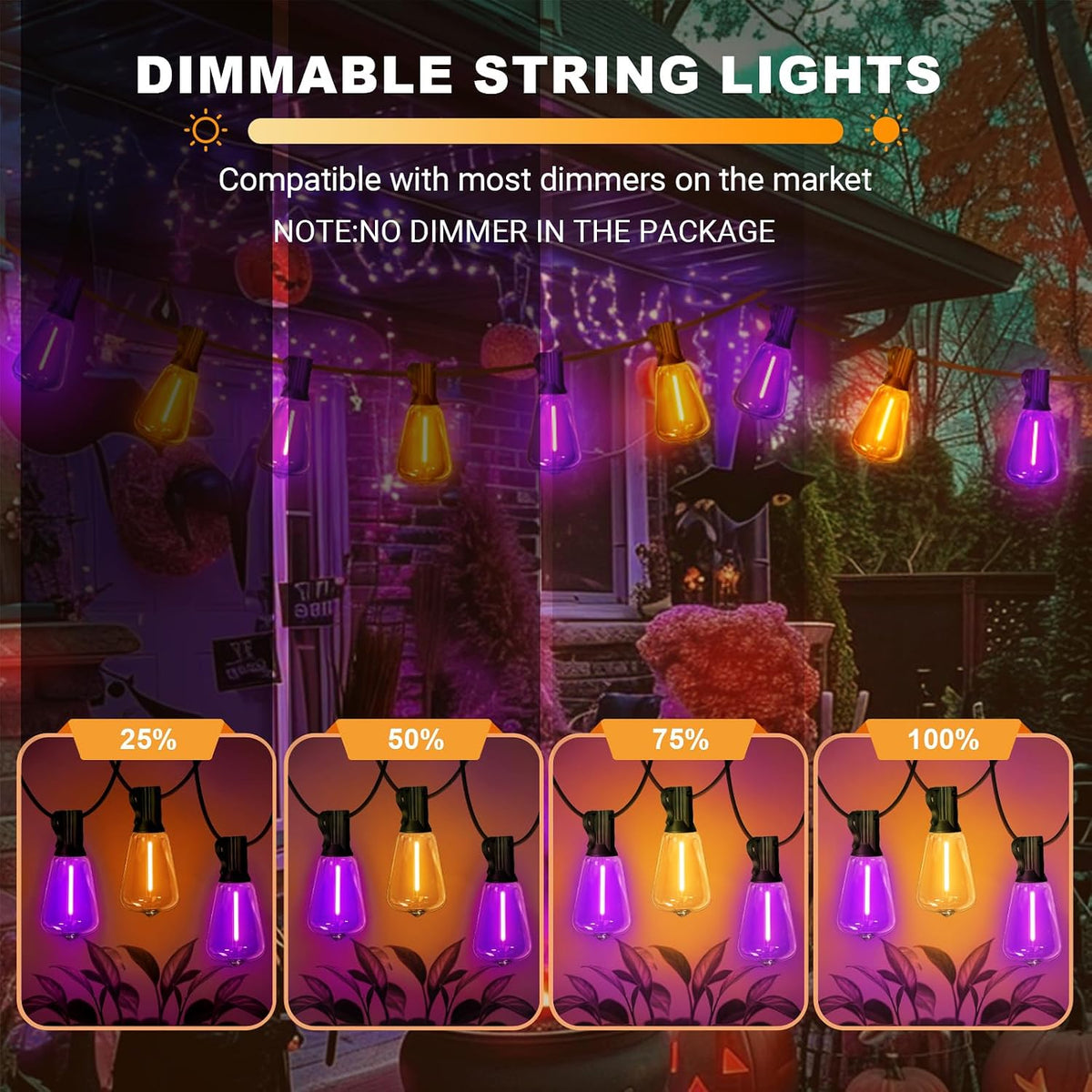 Orange purple Outdoor halloween String Lights ,26FT ST38 LED Patio Lights with 12+1 Shatterproof Edison Bulbs,UL Waterproof Connectable Outside Hanging Lights for Backyard Porch Christmas Party Decor