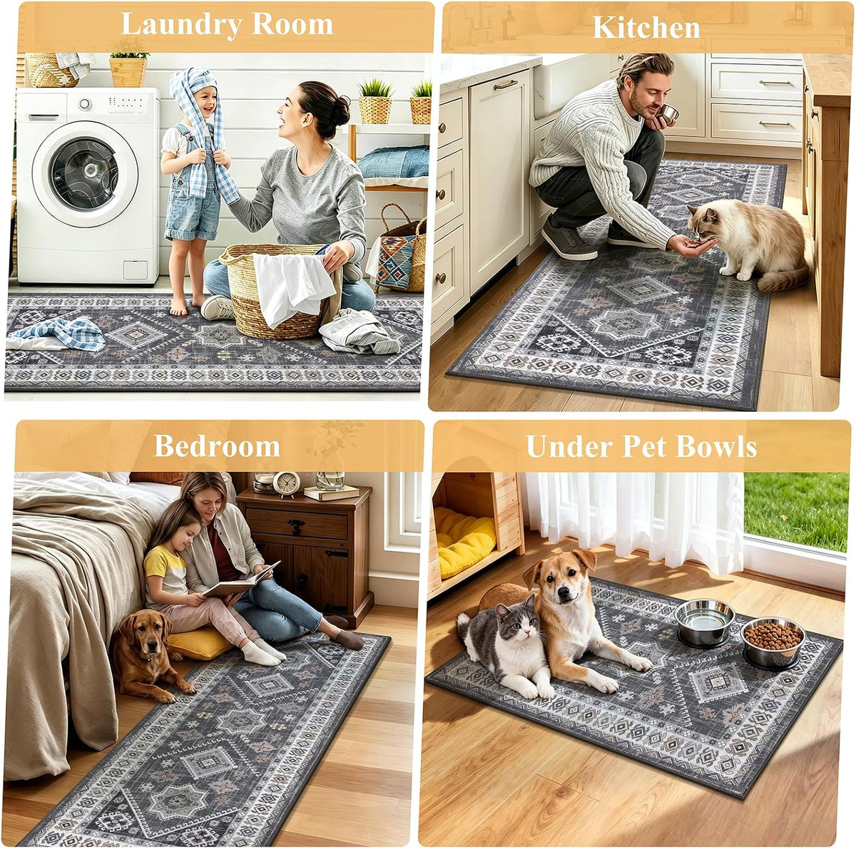 HEBE Boho Kitchen Rugs Set of 3, Non Slip Washable Kitchen Mats for Floor