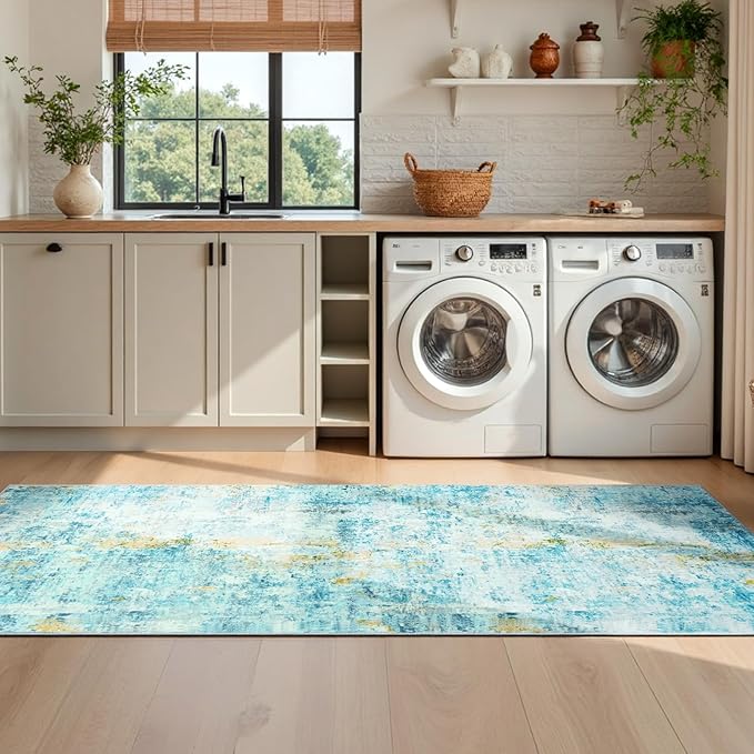 Runner Rug for Kitchen Teal Blue Hallways Runner Rug Non Slip 2'6''x8' Washable - Image 5
