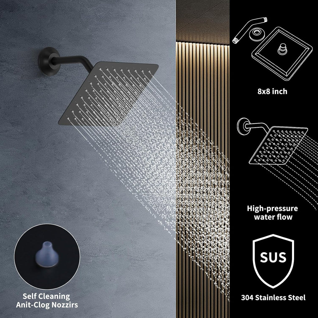 Bathroom Shower System with 14x20 Inch Ceiling Mount LED Head & 8 Inch Wall Head and Handheld Shower 4 Function Valve with body jets,Matte Black