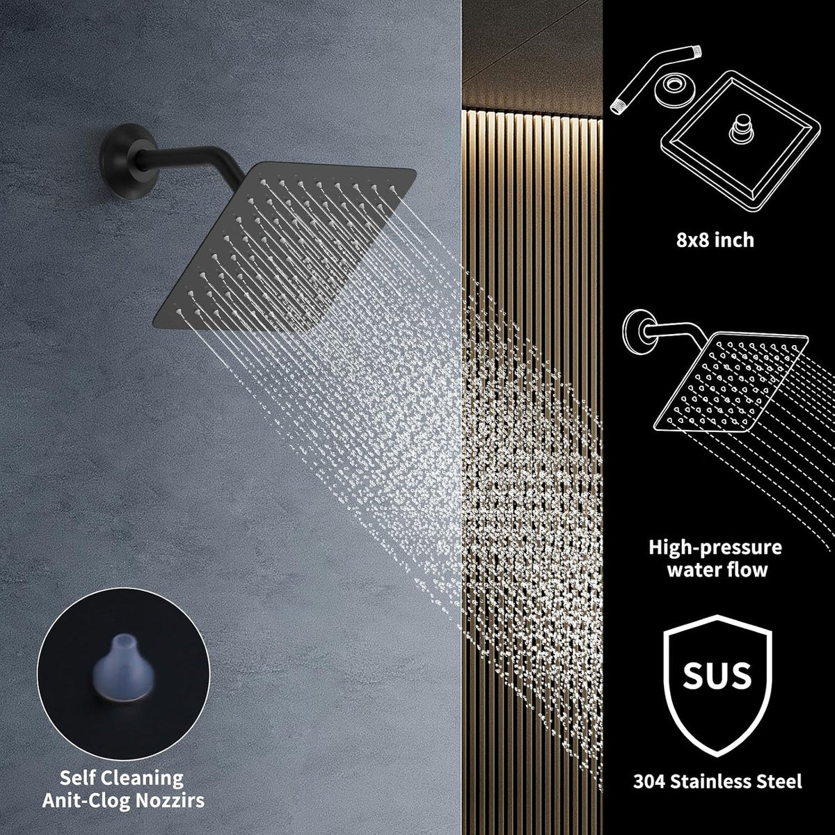 Bathroom Shower System with 14x20 Inch Ceiling Mount LED Head & 8 Inch Wall Head and Handheld Shower 4 Function Valve with body jets,Matte Black
