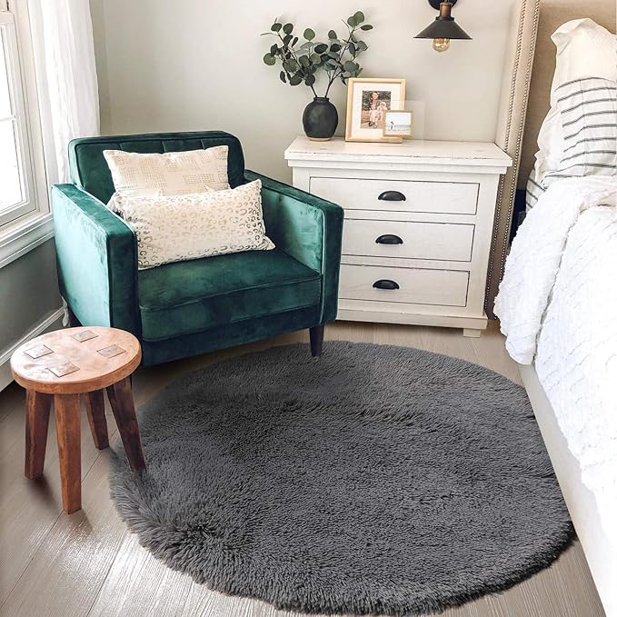 Grey Round Rugs 5Ft for Living Room Bedroom Aesthetic, Fluffy Fuzzy Shag Shaggy - Image 5