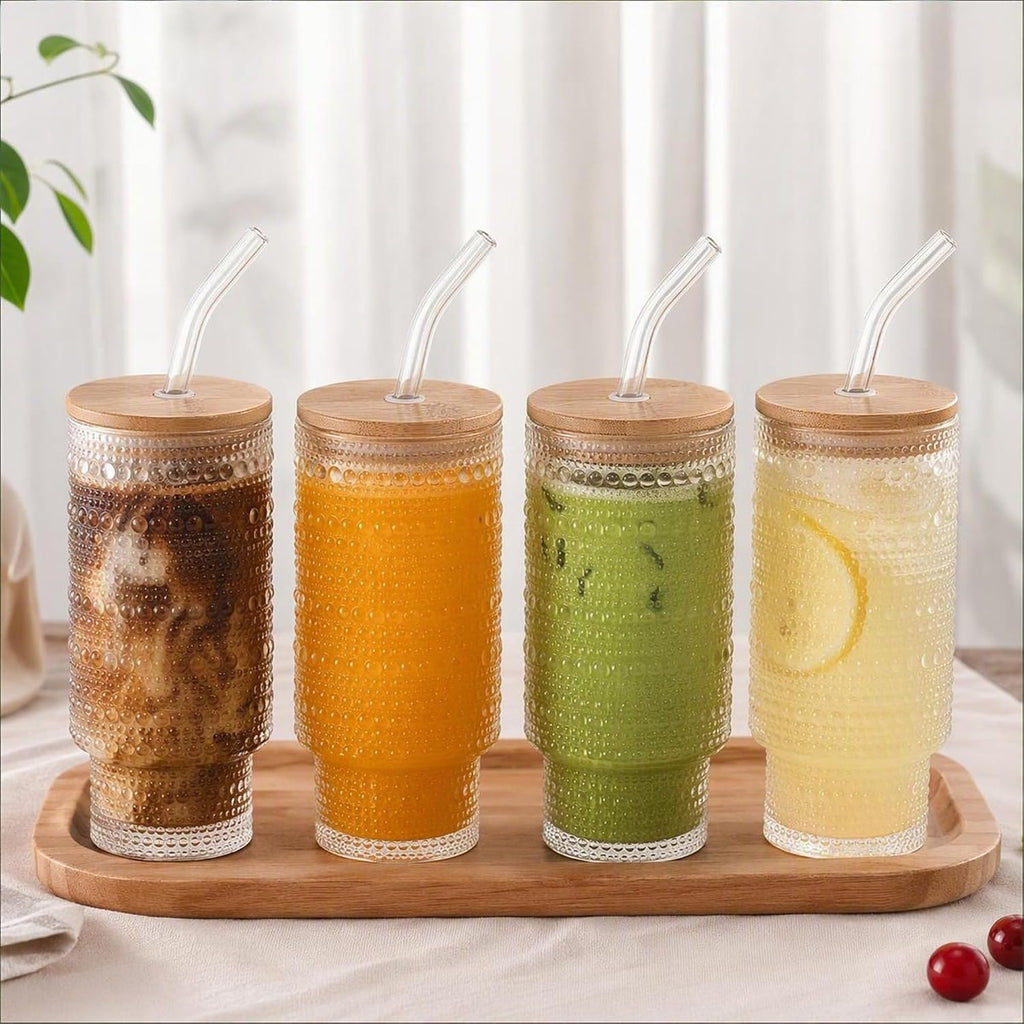 4 Pcs 11 oz Drinking Glasses Cups Set with Bamboo Lids Straws Brush Small Drinking Glassware Set for Juice Iced Coffee Cocktail Whiskey(Hobnail*4)