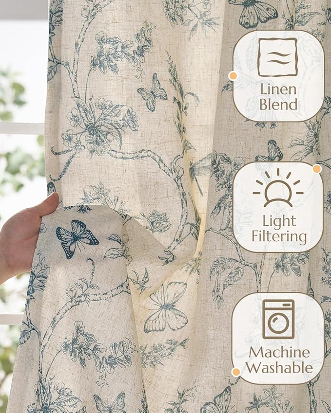 jinchan Floral Linen Curtains for Living Room 84 Inch Length Butterfly Curtain - Image 4