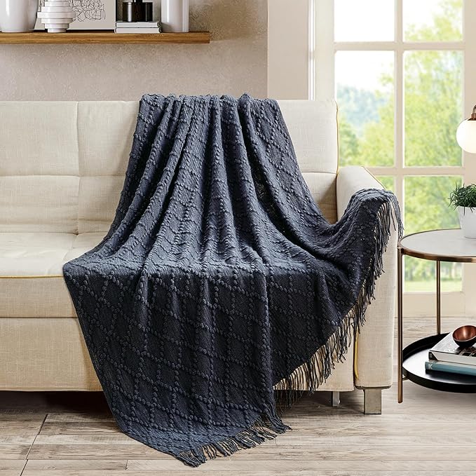 BOURINA Navy Throw Blanket 50 x70 Inches Jacquard Argyle Throw Textured Solid - Image 3