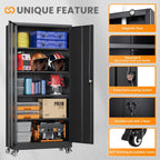 Metal Garage Storage Cabinets with Wheels, Rolling Tool Cabinet with Lock, Locking Garage Caninet on Wheels with Shelves, Steel 2 Door Tall Tool Cabnets for Workshop/Home/Office - (Black 75”H)