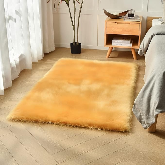 duduta Yellow Faux Sheepskin Fur Rug 3x5 ft, Fluffy Shag Bedroom Dorm Nursery by duduta