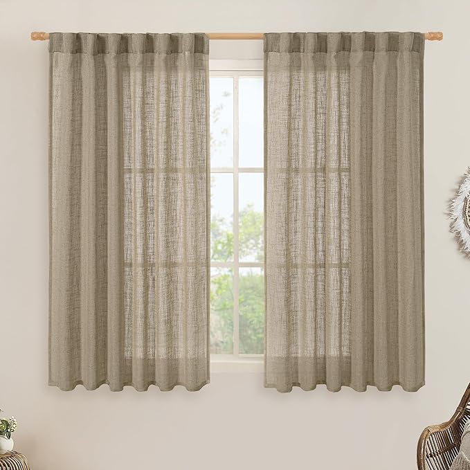 LAMIT Semi Sheer Linen Curtains 45 Inches Long, Light Filtering Panels Back Tab by LAMIT
