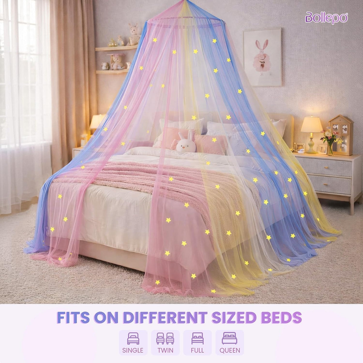 Bollepo Bed Canopy for Girls with Glowing Stars - Canopy Bed Curtains | Fits Single, Twin, Full, Queen Size Kids - Princess Bed Canopy | Rainbow Bedroom Accessories, Netting Room Decor, Ceiling Tent