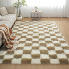 Checkered Area Rugs for Living Room 8x10, Fluffy Beige and White Checkered Rug by Boshengya
