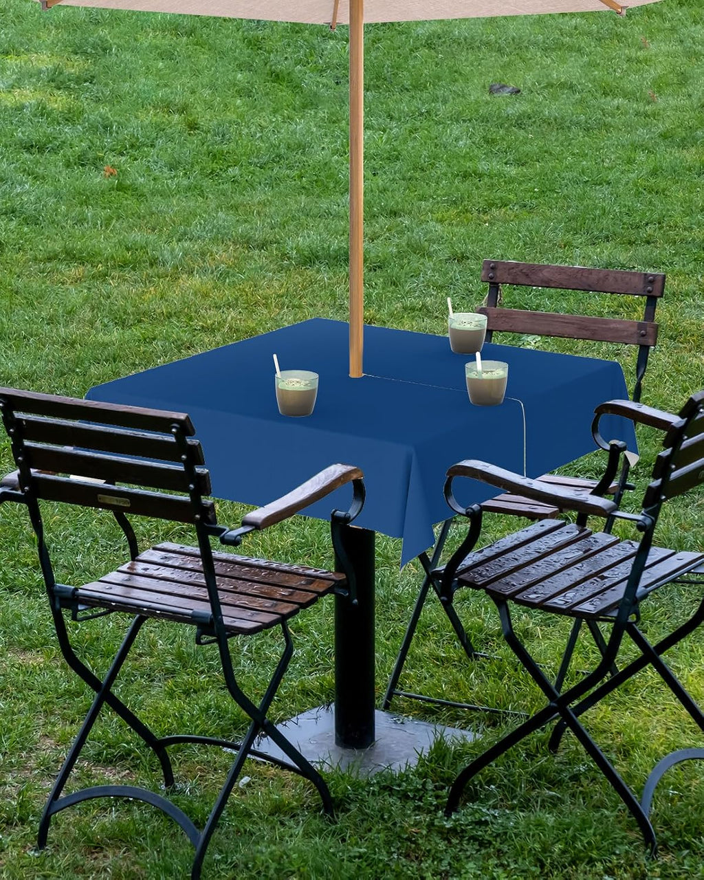 QueenKer Navy Blue Solid Color Table Cover forOutdoor Tablecloth with Umbrella Hole and Zipper, Square Tables Waterproof Tabletop Collection for Patio, Garden, Picnic, Camping 54 x 54 inch