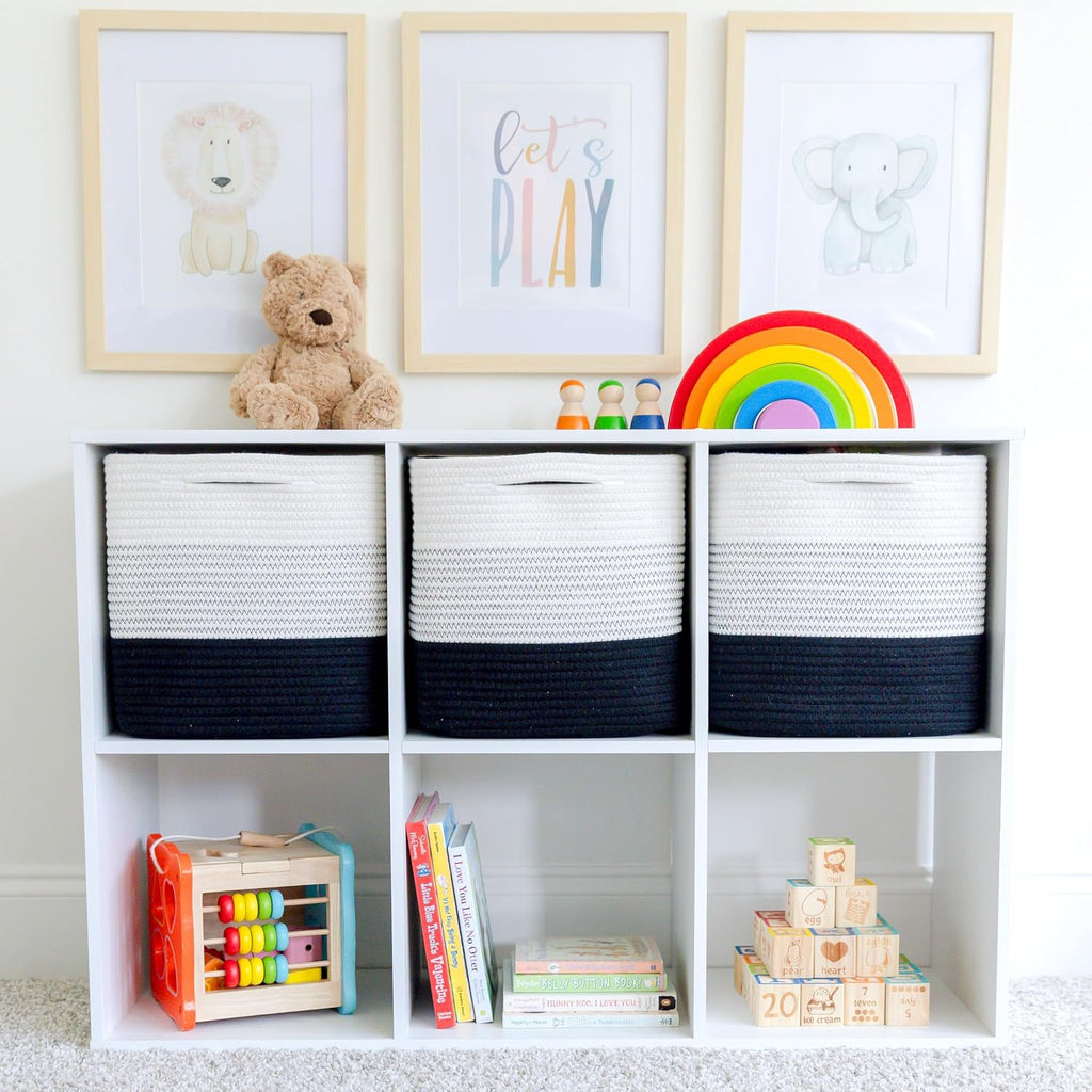 Storage Cubes 11 Inch Cotton Rope Woven Baskets for Organizing, 3-Pack | Cube Storage Bin | Square Storage Baskets for Shelves Organizer, Classroom, Kids Toy Bins, Closet, Baby Nursery